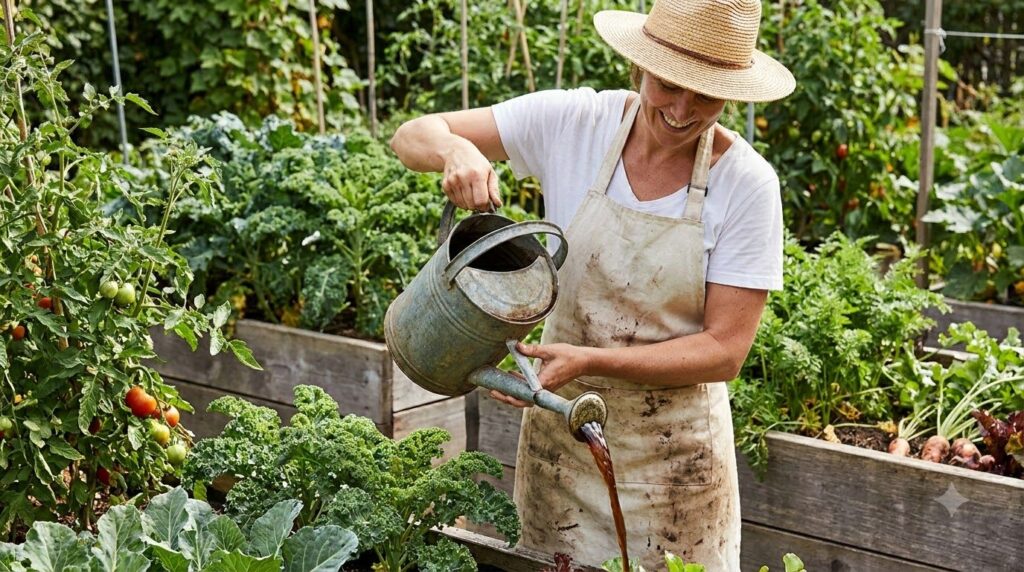 A gardener smiling while holding a watering can filled with fish emulsion water ready to nourish a bed of healthy vibran