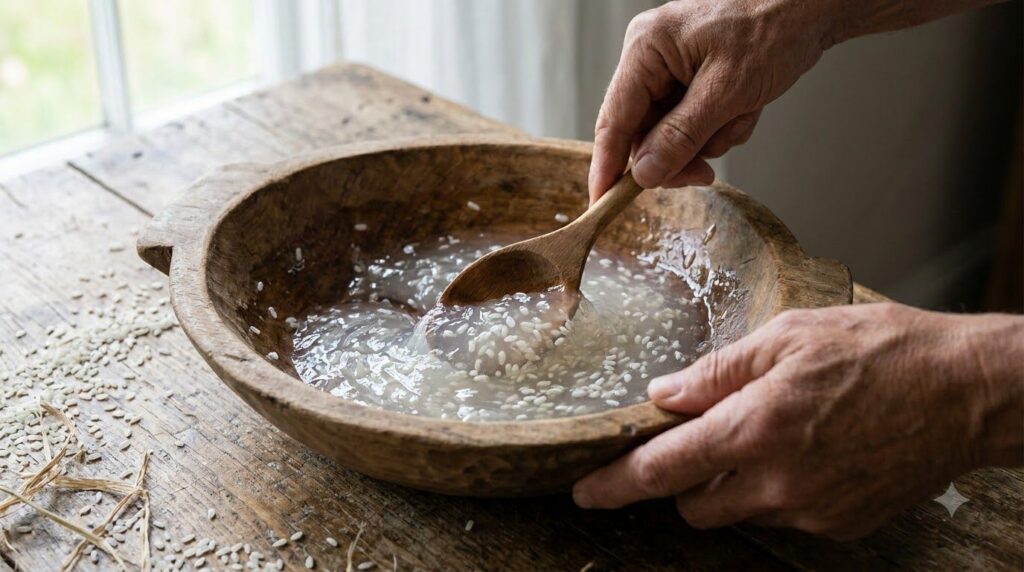 A close-up of hands gently stirring a clear viscous gel in a bowl with white rice grains scattered around it emphasizing