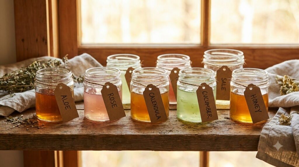A collection of small clear glass jars filled with various homemade skin gels e g green pink clear yellow labeled with s