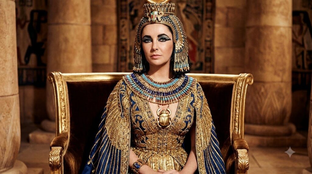A regal image of Elizabeth Taylor in her iconic Cleopatra costume with elaborate makeup and jewelry portraying the grand