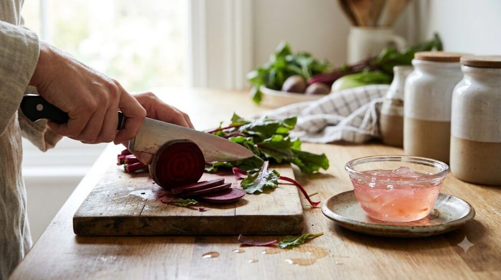 A fresh beetroot being sliced next to a small bowl of pink-tinted aloe vera gel emphasizing natural ingredients for a he