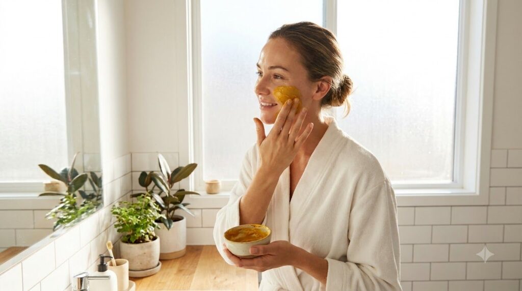 A joyful woman applying a yellow turmeric face mask to her clean fresh face She has a serene expression with soft natura