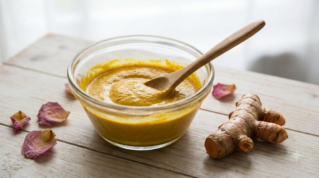 Close-up of a glass bowl containing a vibrant yellow turmeric face mask mixture possibly with rosewater or yogurt next t