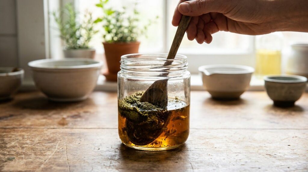 A close-up of a glass jar filled with sesame oil and dark herbal powders being gently stirred with a spoon showing the i