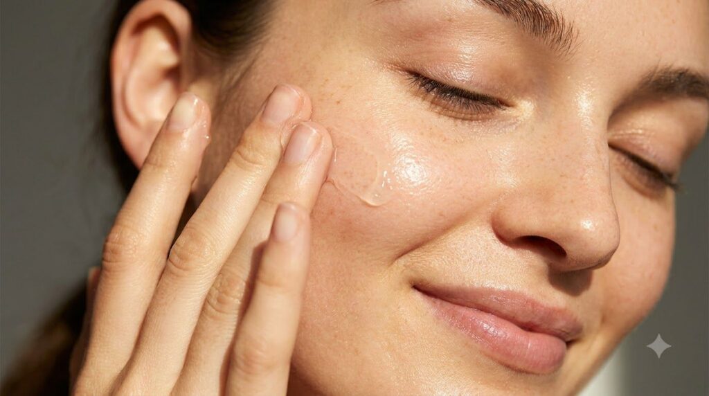 A close-up of a woman s hand gently applying a translucent product to her smooth radiant face highlighting healthy glowi