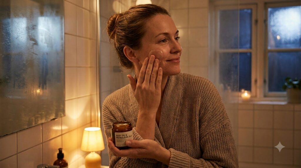 A woman gently applying the baby oil and Vaseline mixture to her face as part of her nightly skincare routine with soft 