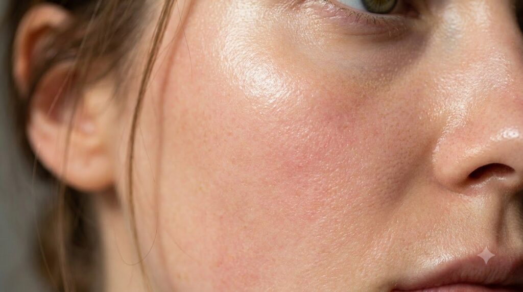 A close-up of healthy glowing skin with a soft natural radiance depicting the desired outcome of the routine