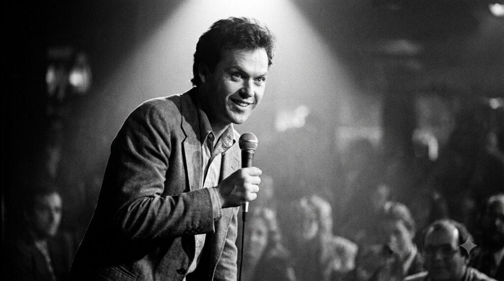 A black and white photo of a young Michael Keaton in his early career possibly doing stand-up comedy or a sketch looking
