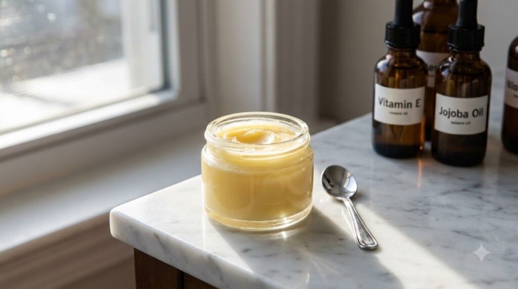 A close-up of a small glass jar containing a freshly made Vaseline glow balm with a spoon beside it and bottles of Vitam