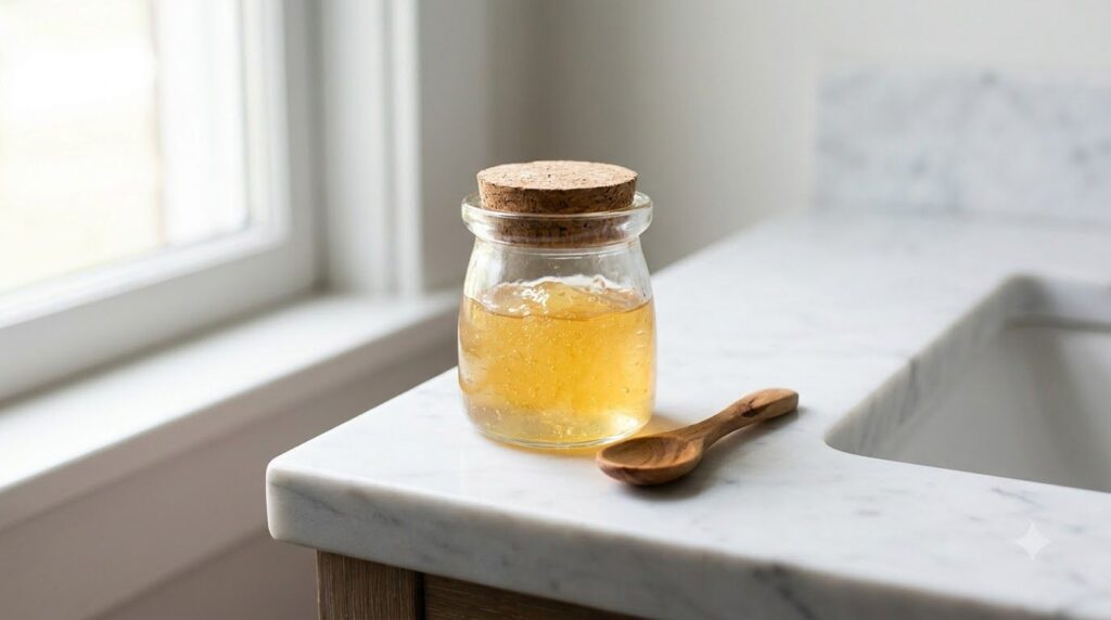 A small glass jar filled with a golden-yellow DIY collagen gel with a spoon beside it on a clean bathroom counter