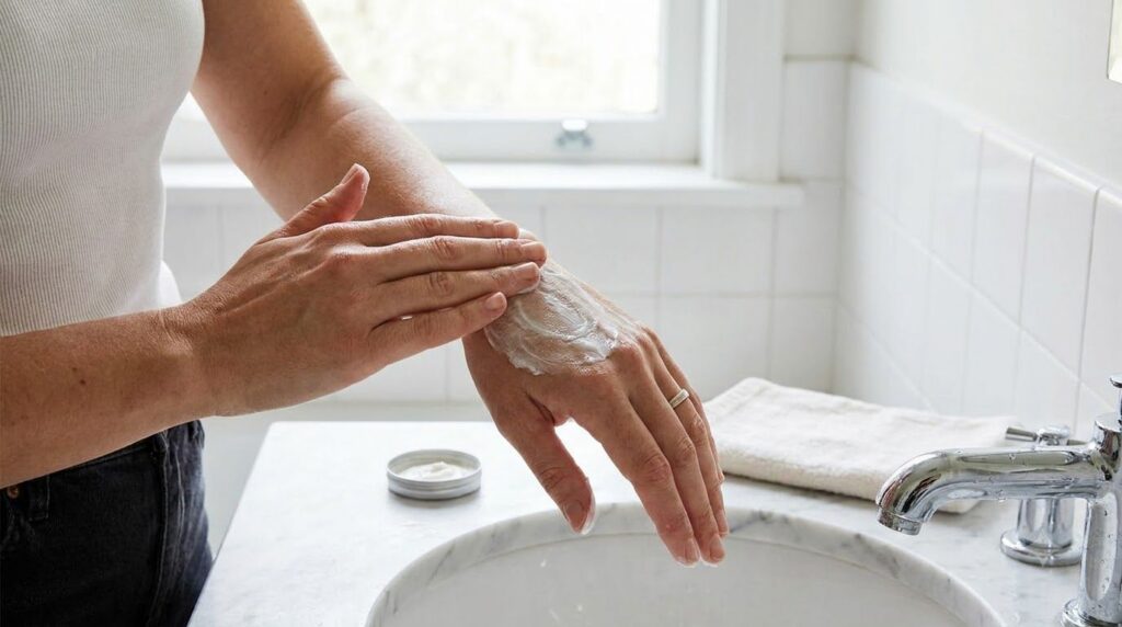 A woman s hands applying the Vaseline and baking soda mixture demonstrating the gentle circular motions