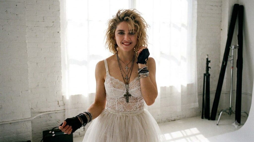 Madonna in her iconic 1980s Like a Virgin era style featuring lace layered jewelry and fingerless gloves