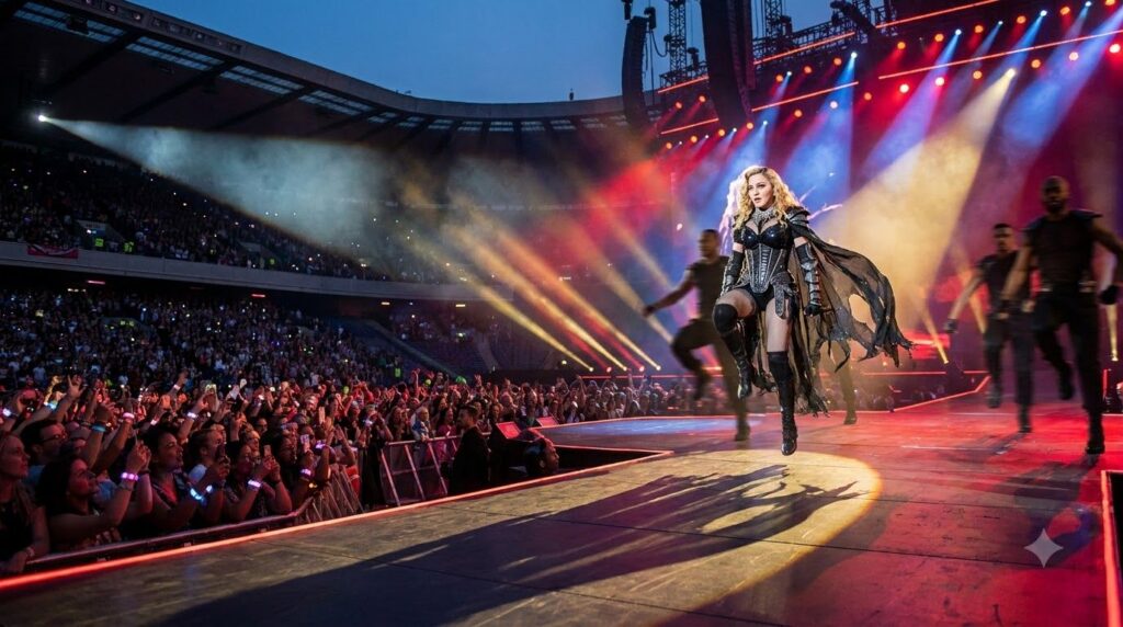 Madonna performing on a large high-energy stage during a world tour showcasing a later more provocative stage persona