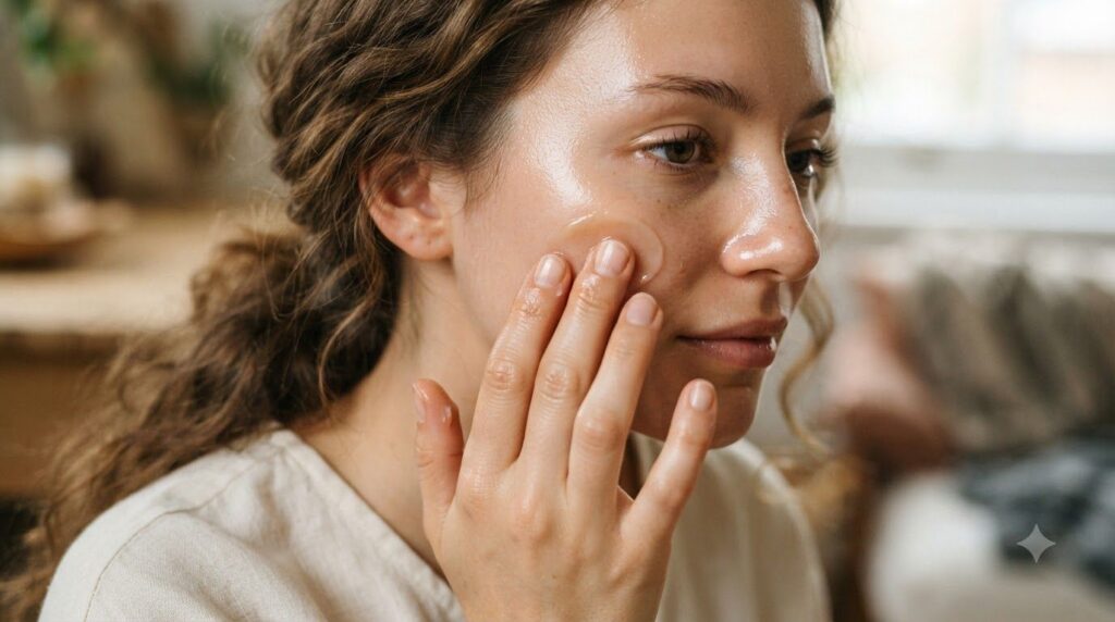 A person gently massaging a small amount of the homemade Vaseline balm onto their cheek or neck showing a close-up of th