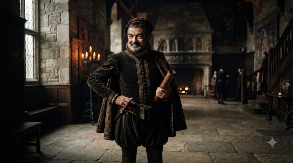 Rowan Atkinson in costume as Blackadder looking cunning or sarcastic in a historical setting