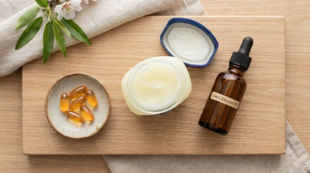 A flat lay image showing the ingredients for the Vaseline balm a small jar of Vaseline a bottle of almond oil and severa