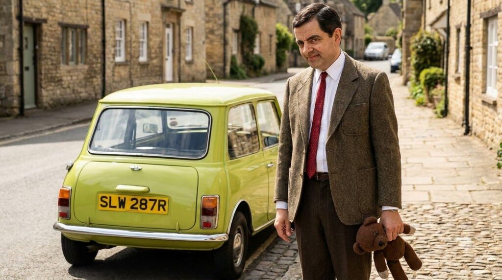 Rowan Atkinson as Mr Bean with a teddy bear next to a small green car looking bewildered