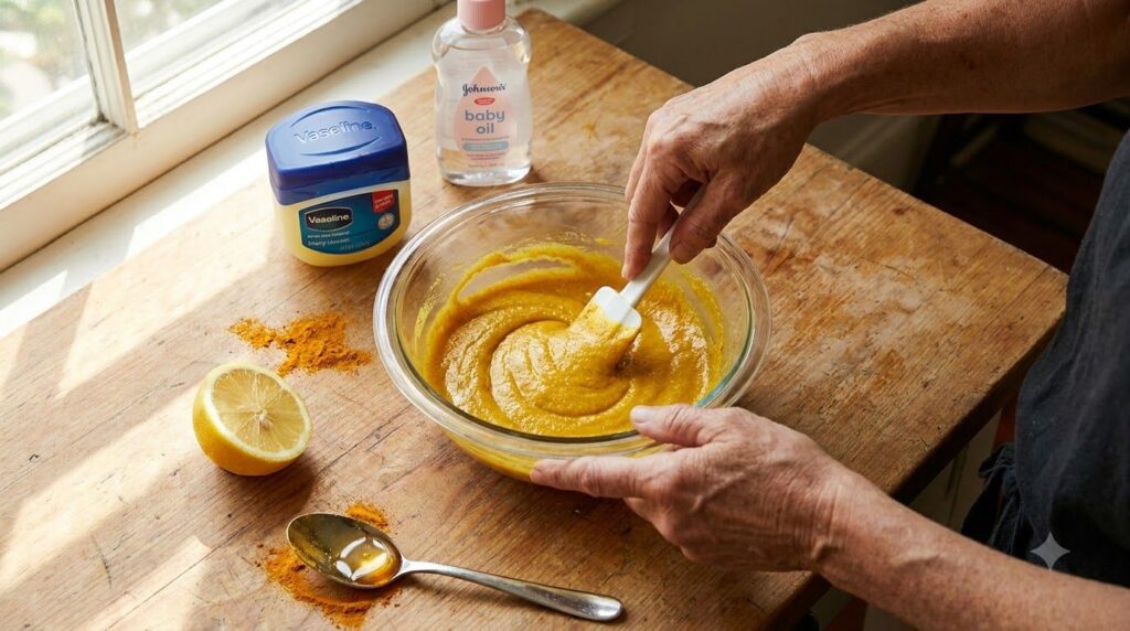 Close-up of the DIY face mask ingredients being mixed in a bowl Vaseline baby oil lemon juice turmeric and honey forming