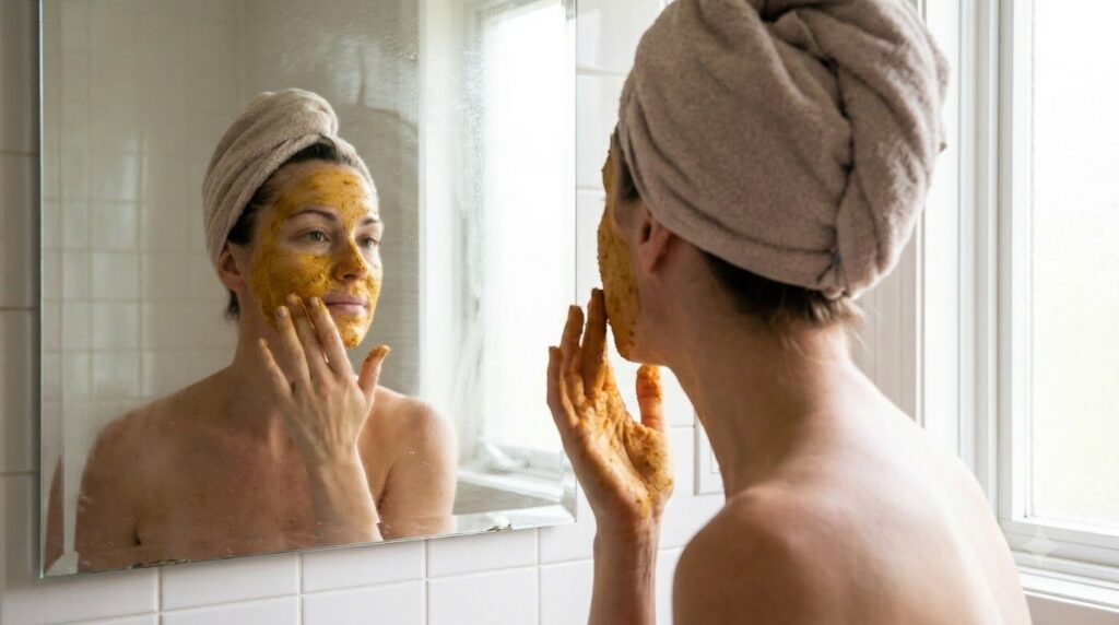 A woman applying a yellow turmeric face mask to her clean face in a bathroom mirror showing the texture of the mask on h