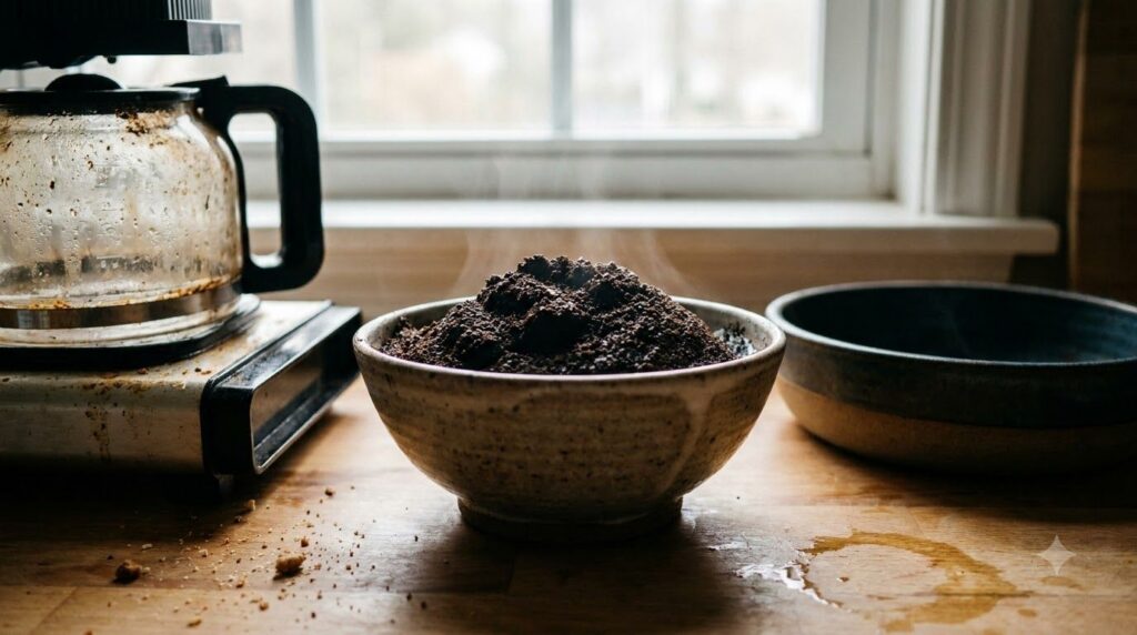 Close-up of used coffee grounds in a bowl next to a coffee maker