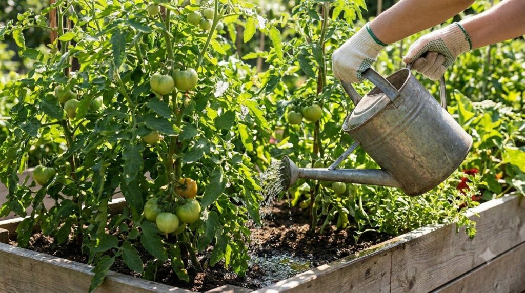 A gardener watering vibrant healthy tomato plants with a watering can in a raised garden bed