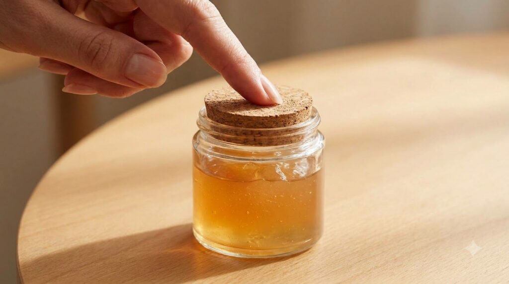 Close-up of a small elegant glass jar filled with the freshly made golden-hued DIY collagen gel with a hand gently dippi