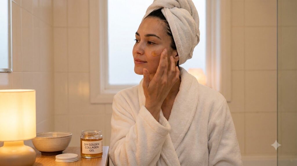A woman gently applying a small amount of the golden DIY collagen gel to her face and neck as part of her evening skinca