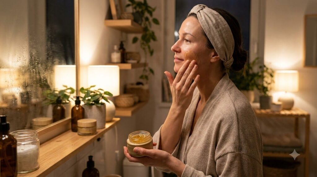 A woman gently applying a homemade yellow-tinted gel to her face at night with a soft glowing complexion in a cozy bathr