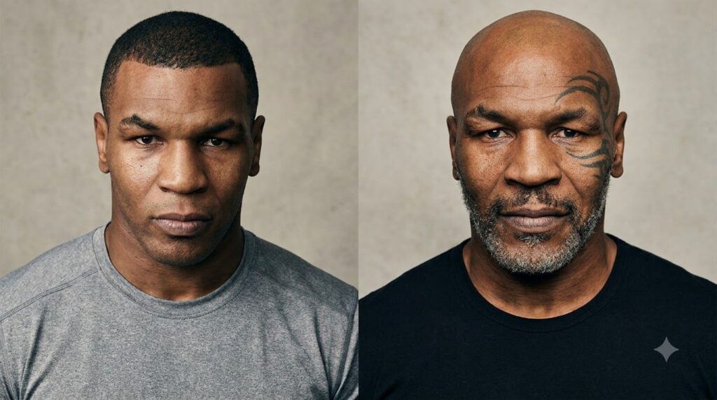 A split image showing young Mike Tyson without his tattoo on one side and a more mature Mike Tyson with his iconic facia