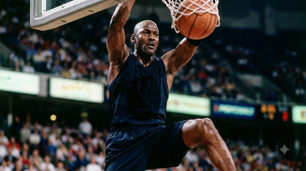 A dynamic action shot of Michael Jordan mid-air dunking a basketball with intense focus but without showing his jersey n