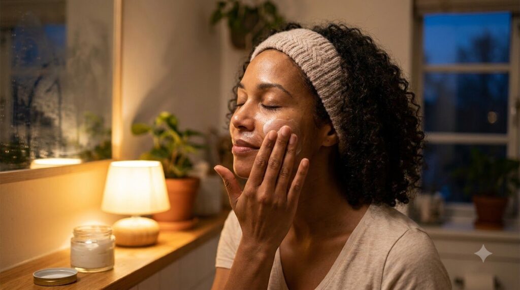 A woman applying a creamy substance to her face at night with a gentle glowing expression in a cozy bathroom setting