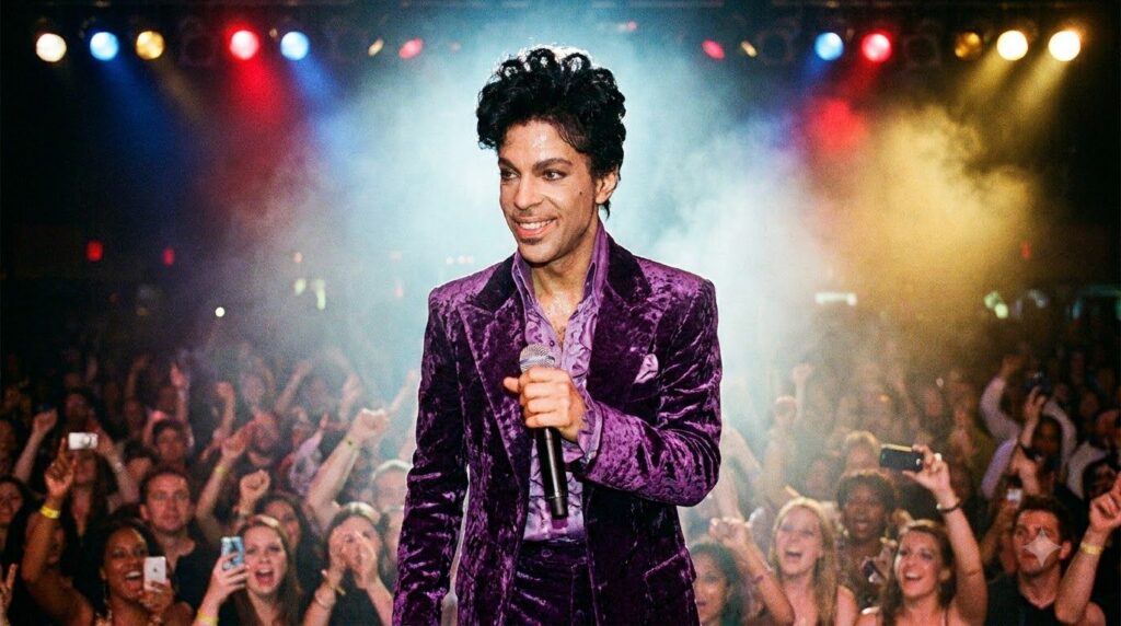 A vibrant portrait of Prince mid-performance holding a microphone He is dressed in a distinctive stylish outfit with his