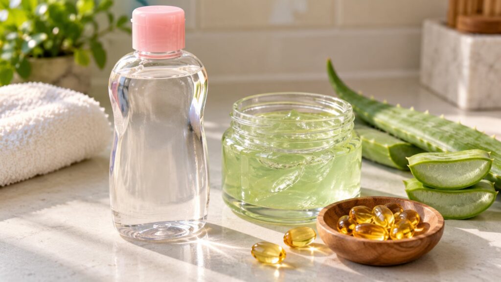 Close-up of the ingredients for the night oil a bottle of baby oil a container of aloe vera gel and a couple of vitamin 