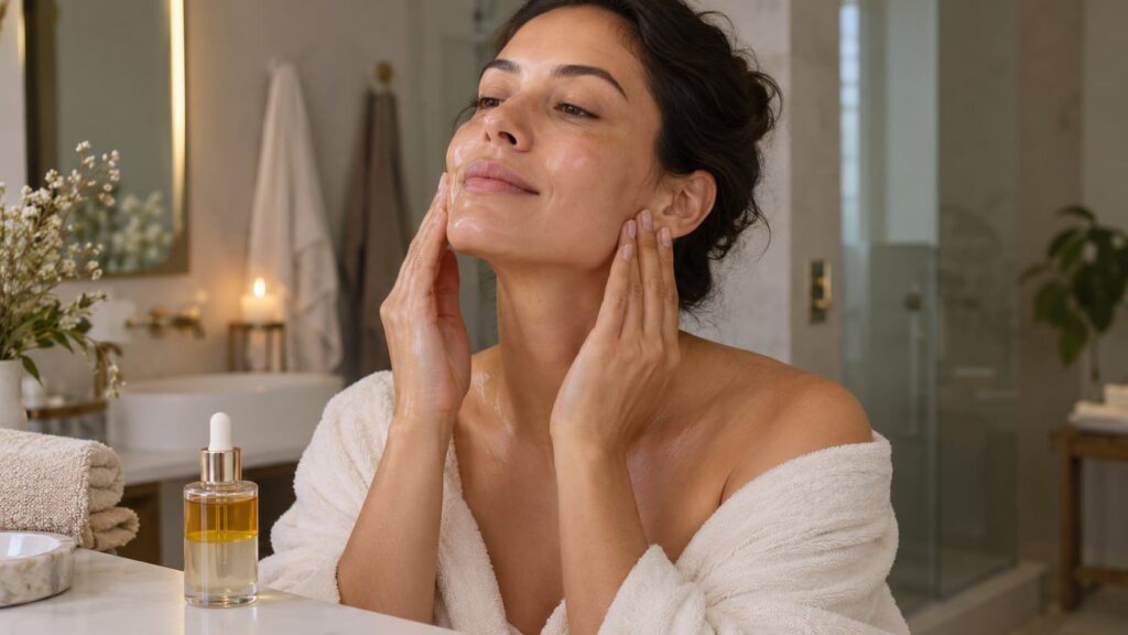 A woman gently massaging a few drops of the two-layer night oil onto her face and neck after cleansing with her eyes clo