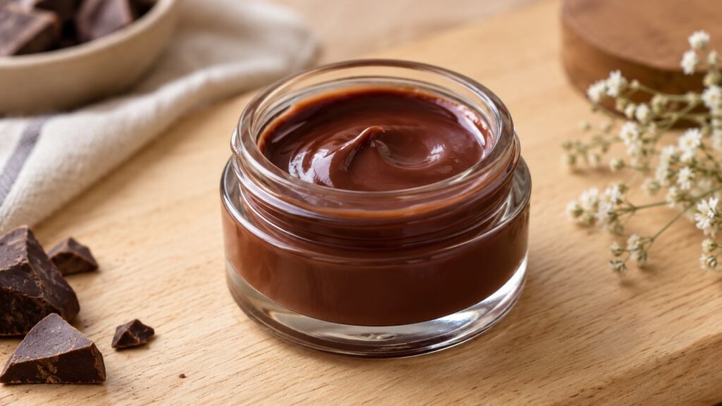 A finished homemade chocolate-brown glossy balm in a small elegant glass jar ready for use