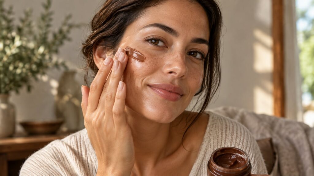 A woman gently applying a small amount of the homemade chocolate-brown balm to her cheek showing moisturized glowing ski