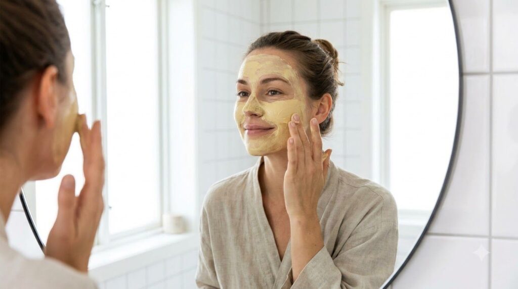 A woman applying a yellow face mask to her clean face in a brightly lit bathroom looking in a mirror with a soft smile