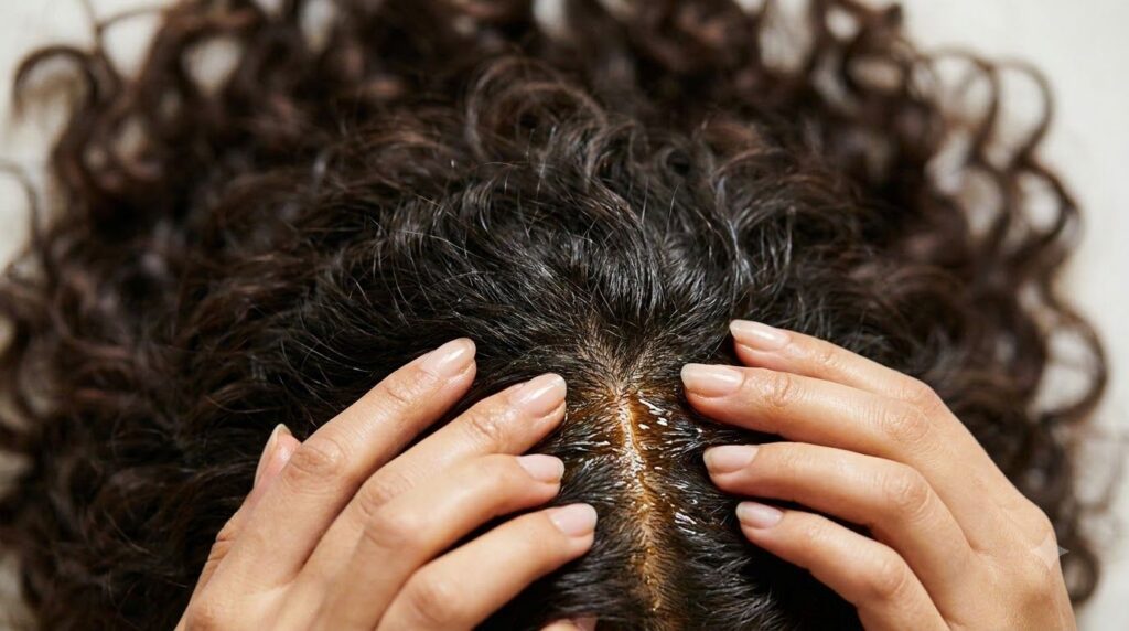 A person gently massaging the warm hair oil into their scalp with their fingertips showing a close-up of the hands and h