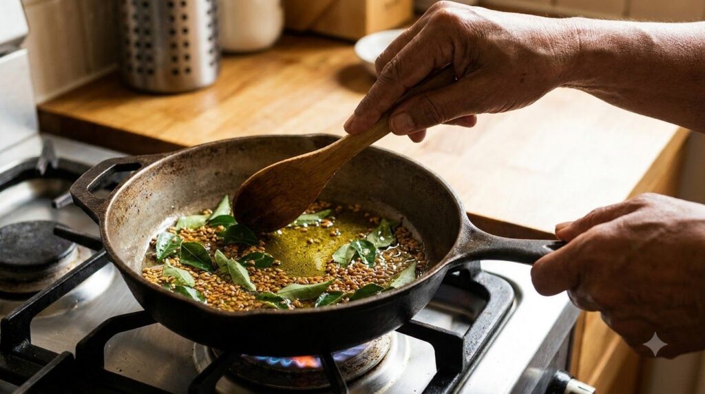 A person gently simmering the oil mixture with curry leaves and fenugreek seeds in a small pan on a stovetop with steam