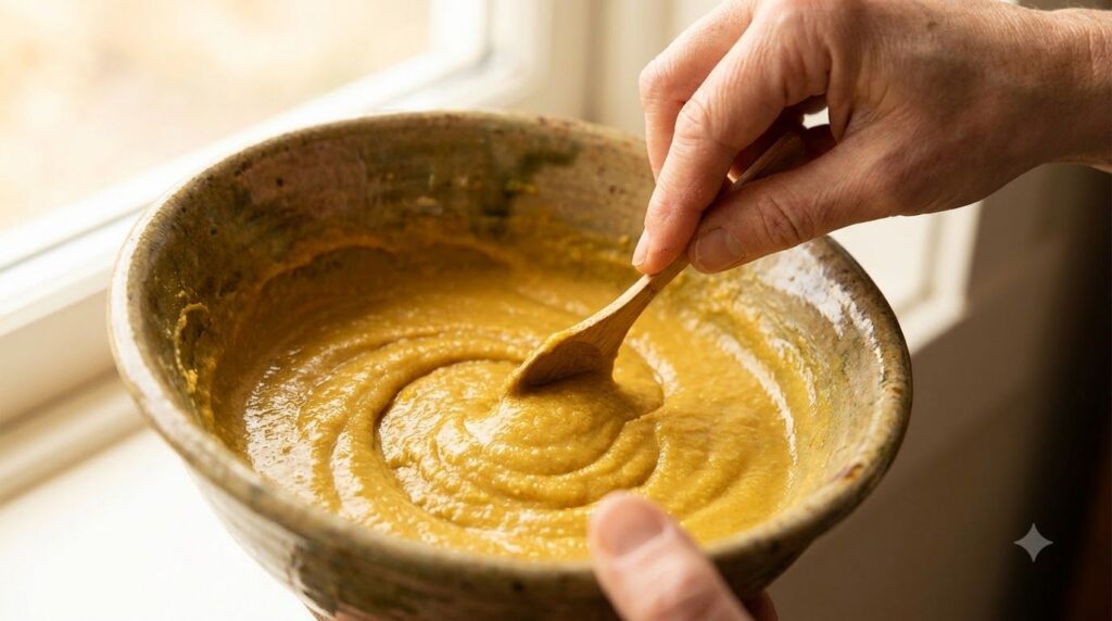 A small bowl with a yellow paste being mixed with a small spoon The paste should clearly show the consistency of a face 