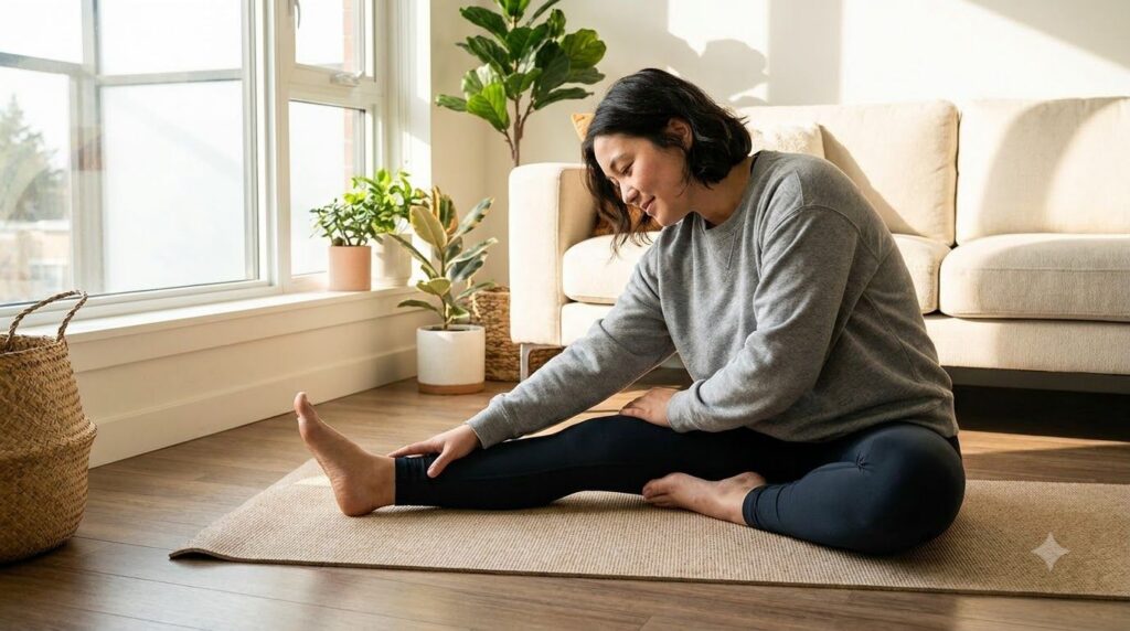 A person stretching after a bodyweight workout with a serene and calm expression in a bright and airy home environment