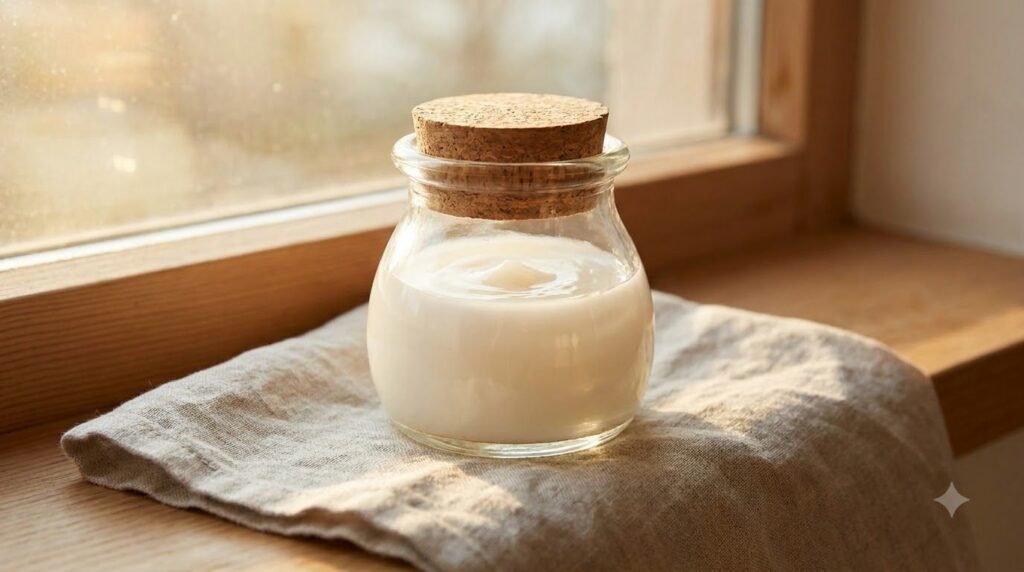 Close-up of a small glass jar filled with the prepared DIY collagen night gel showing its smooth creamy texture
