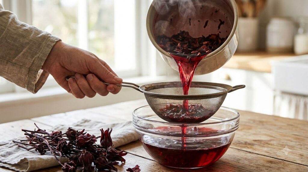 A close-up of a hand straining a reddish-brown boiled herbal mixture through a fine-mesh sieve into a clear glass bowl w