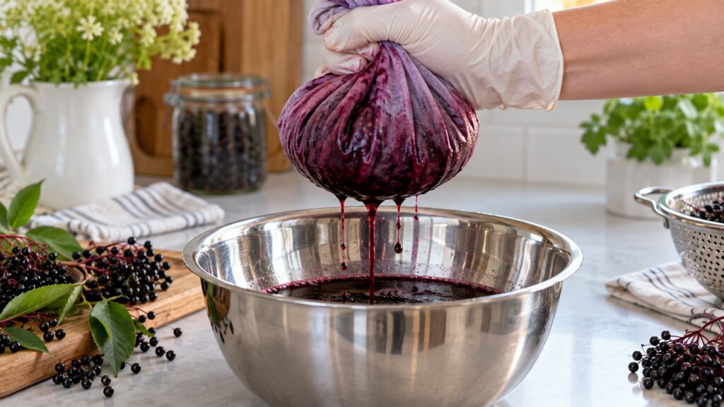 A hand squeezing a cheesecloth bag filled with elderberry pulp allowing dark purple juice to drip into a stainless steel