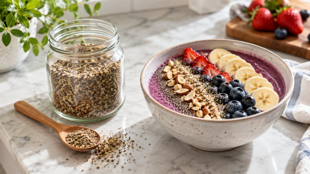 A close-up of a glass jar filled with the prepared seed blend with a spoon resting beside it on a kitchen counter next t