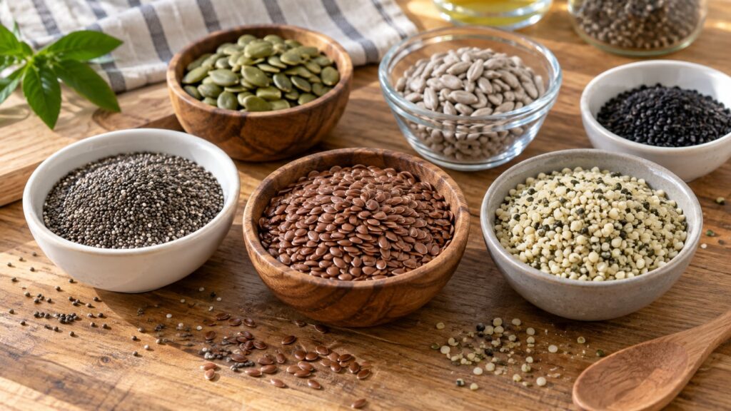 Various small bowls of different seeds chia flax hemp laid out on a clean wooden table ready to be blended