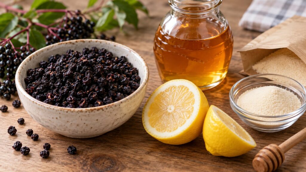 A small bowl of dried elderberries next to a bottle of honey a lemon and a packet of gelatin or agar-agar
