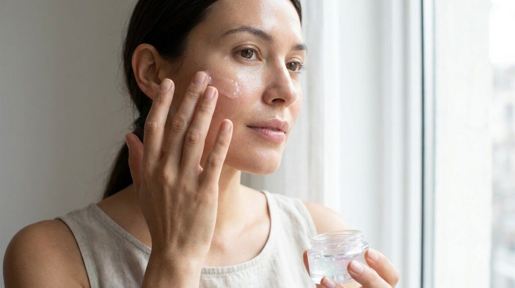 A woman gently dabbing a small amount of the glow gel onto her cheekbone showcasing a natural dewy finish on her radiant