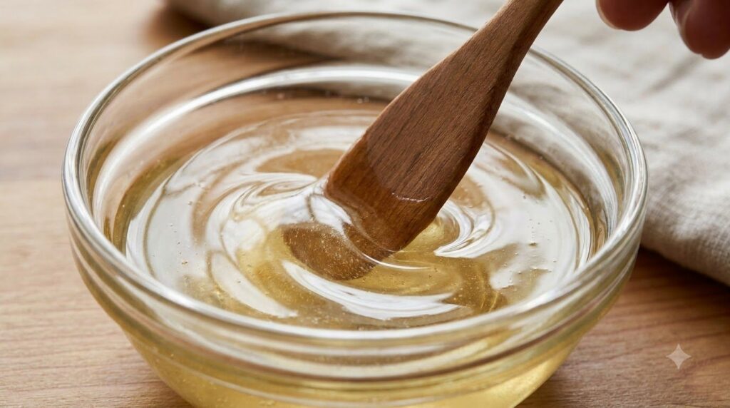 A close-up shot of a small glass bowl with melted Vaseline and other oils being stirred together with a small spatula Th