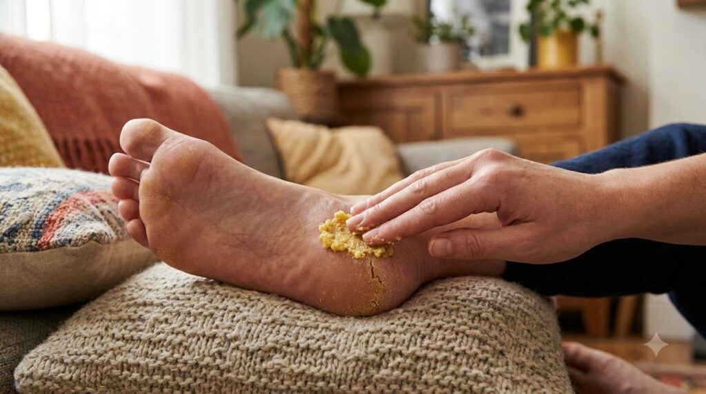 Person gently applying a homemade ginger-lemon paste to their cracked heel while sitting on a comfortable chair